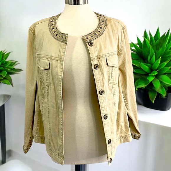 New Avenue AV/X Khaki Denim Embellished Jewel Trim Jacket - Picture 2 of 16
